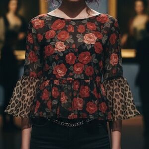 Vintage 90s Como Black Sheer Floral Blouse Leopard Bell Sleeve Small